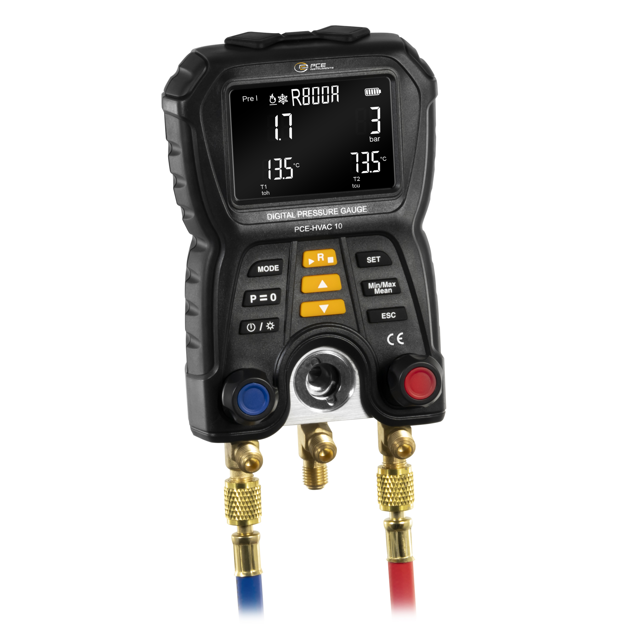 PCE Instruments Manifold Tester — Refrigeration Systems and Heat Pumps, Includes Refrigerant Hoses and 2 NTC Clamp-On Temperature Sensors, Model# PCE-HVAC 10